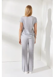 Olalook Women's Gray Side Gathered Blouse Palazzo Trousers Set TKM-19000196