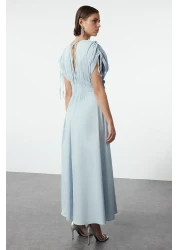  Collection فستان سهرة أنيق من البوبلين باللون الأزرق الفاتح مع تفاصيل زهور ثلاثية الأبعاد فستان التخرج الليلي TPRSS24EL00282