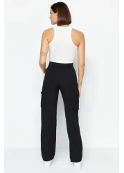  Collection Black Cargo Straight Cut Woven Double Pocket Woven Trousers TWOAW22PL0343