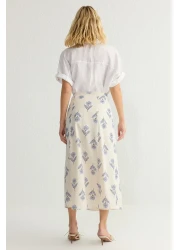  Collection Blue Floral Print Linen Blended A-Line Midi Skirt - Twoss24Et00105
