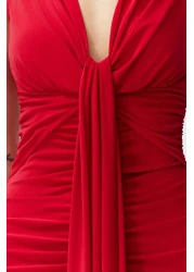  Collection Stylish Red Draped Knitted Evening Dress - Fitting on the Body, TPRSS24EL00161