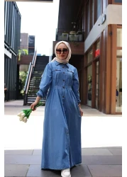 HARMAN BUTİK Buttoned Long Denim Hijab Dress Light Blue