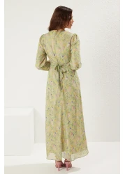  Modest فستان أخضر مزدوج الصدر مع ربطة عنق من الشيفون وبطانة منسوجة من الزهور TCTSS25EB00072