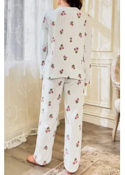BELLA NOTTE Floral Print Corduroy Cotton Long Pajamas Set