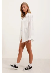 Bigdart 20153 Single Pocket Oversize Linen Shirt - White