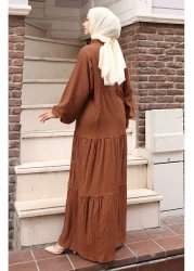 sefamerve فستان مطاطي بأكمام نصف زر 2074-01 أسمر