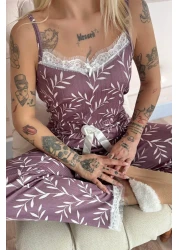 Pijamaevi طقم بيجامة نسائي محبوك بحزام حبل من الدانتيل باللون الأرجواني