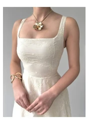 Afiş Butik فستان كتان مطرز بحزام سميك باللون البيج