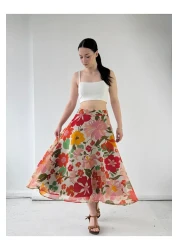 Retrobird Floral Valerie Chiffon Flared Lined Long Skirt Women's Cream