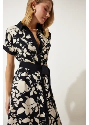 Happiness İstanbul Black Cream Floral Pattern Thin Viscose Summer Dress - DD01311