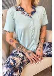Pijamaevi Mint Florado Exclusive Front Buttoned Short Sleeve Women's Pajamas Set