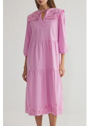  Collection Lilac Straight Cutout Embroidery Detail Midi Woven Dress Twoss25El00061