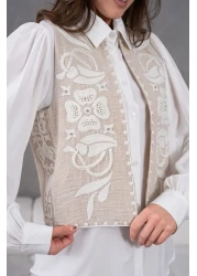 Miss Allos طقم سترة وبنطلون من الكتان للسيدات مع تطريز أمامي وخلفي باللؤلؤ والحجر