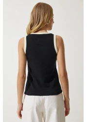 Happiness İstanbul تي شيرت نسائي أسود بدون أكمام بألوان متباينة NJ00145