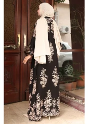 sefamerve Floor-Length Buttoned Patterned Dress 2080-03 Black