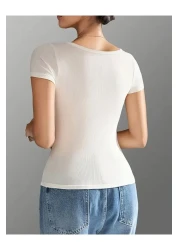 Wearflawless Square Neck Short Sleeve Cotton Twill White Blouse