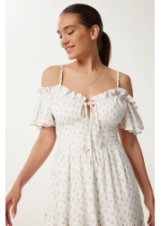 Lovelyİstanbul Patterned Strappy Ruffled Long Summer Viscose Dress Ecru Murdum Lub0112