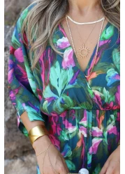 bytugcekaya Mixed Color Dress with Bat Sleeve and Slit Detail