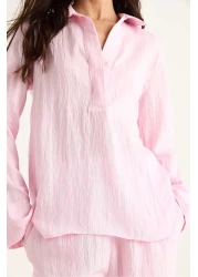 Bianco Lucci Women's Shirt Collar Self-Striped Comfortable Fit Summer Bottom-Top Suit 6016 60283381