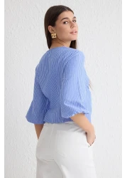  Collection Blue Double Breasted Striped Woven Blouse Twoss25Bz00170