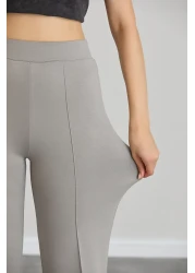 Alos بنطال نسائي رمادي فضفاض واسع الساق مخطط بخصر عالٍ وناعم ومطاط من الليكرا