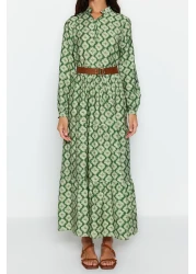  Modest Green Belted Skirt Flounced Flower Patterned Lined Woven Dress TCTSS23EB00111