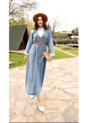 Cardella فستان جينز بياقة قميص وحزام عالي الجودة من قماش الدنيم فستان جينز متوافق مع الحجاب