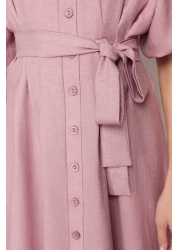  Modest Pink Belted Half Balloon Sleeve Linen Look Woven Shirt Dress TCTSS24EB00014