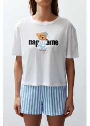  Collection White Striped 100% Cotton Sleepwear Set with Shorts - Women's Couple Thmss24Pt00175