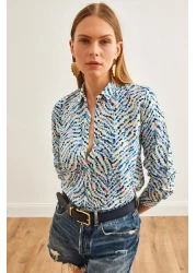 Olalook قميص فيسكوز منسوج منقوش باللون الأزرق على شكل قلب صغير للنساء GML-19001204