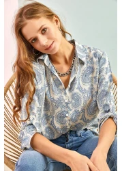 Bianco Lucci قميص فيسكوز نسائي مطوي وأكمام منقوشة بأوراق متعددة