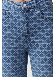  Collection Dark Blue Print High Waist Wide Leg Jeans Twoss24Je00278