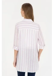 U.S. Polo Assn. قميص نسائي ذو مظهر كتان أرجواني - كم طويل50288408-VR034