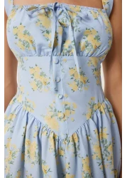 Happiness İstanbul فستان بوبلين صيفي متوسط ​​الطول منقوش عليه زهور باللون الأزرق والأصفر للنساء UB00353