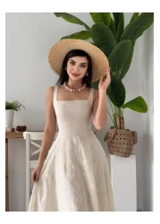 Julidress Beige Embossed Floral Patterned Lined Strap Midi Long Length Premium Linen Dress