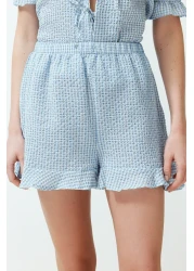  Collection Blue Textured Gingham Lacing/Ribbon/Bow Detailed Shorts Woven Pajamas Set Thmss24Pt00149