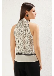  Collection Multicolor Satin Halter Neck Pattern Woven Blouse Twoss25Bz00163