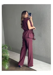 Forlady4 مجموعة سترة وسروال بتصميم بورجوندي للنساء