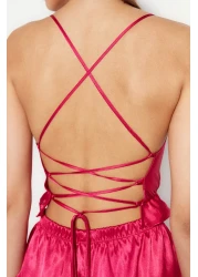  Collection Fuchsia Ruffled and Back Rope Strap Satin Woven Pajamas Set Thmss23Pt00048