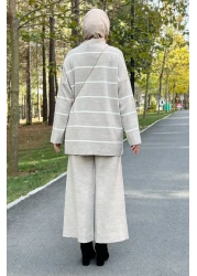 Tesettür Dünyası Beige Striped Knitwear Set - Tsd220905