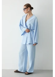 Laluvia Blue Cotton Kimono Wide Leg Pants Set