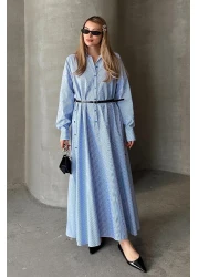 Olcay فستان بوبلين فضفاض بتفاصيل أزرار على الجانب أزرق-أبيض 9316-E