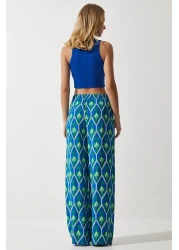 Happiness İstanbul Women's Blue Green Patterned Flowing Viscose Palazzo Trousers EN00606