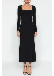  Collection Black Flounced Square Neck Fitted Maxi Stretchy Knitted Dress TWOAW24EL00613