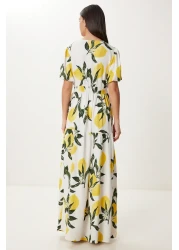Happiness İstanbul Women's Ecru Yellow Lemon Patterned Flounced Summer Viscose Dress Fn03467