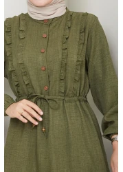 HARMAN BUTİK فستان نسائي من الكتان الكاكي بأزرار مكشكشة