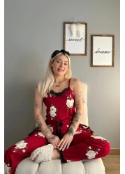 Pijamaevi Burgundy Floral Patterned Pegasus Pajama Set with Dressing Gown