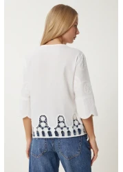 Happiness İstanbul بلوزة قميص منسوجة بيضاء رومانسية مطرزة للنساء QS00012