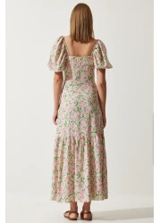 Happiness İstanbul Women's Beige Pink Patterned Balloon Sleeve Summer Viscose Dress FN03177