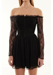  Collection فستان سهرة قصير منسوج من الشيفون مبطن على شكل حرف A باللون الأسود مناسب لحفلات التخرج TPRSS24EL00073